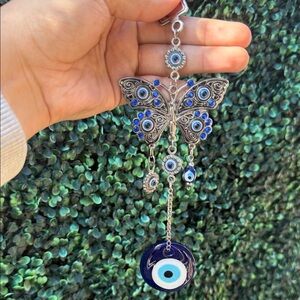 Silver Tone and Glass Blue Evil Eye Butterfly Hanging Decor